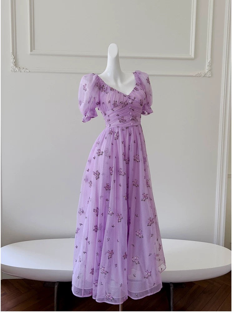 Vintage A line V Neckline Short Sleeves Lilac Tulle Flowers Prom Dress Evening Dresses