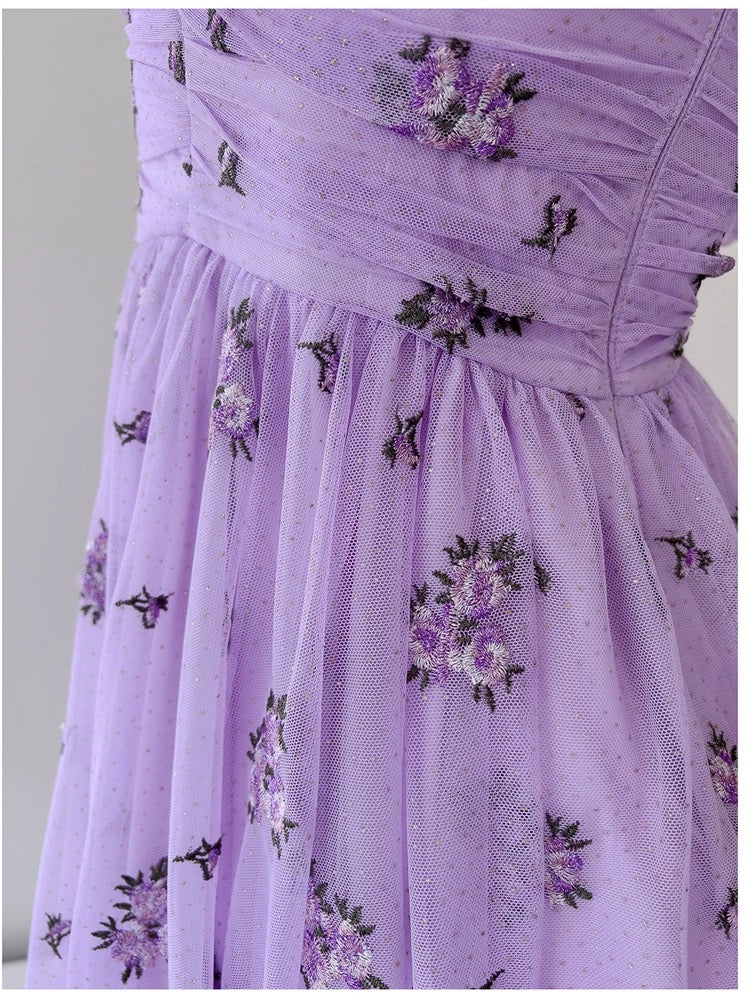 Vintage A line V Neckline Short Sleeves Lilac Tulle Flowers Prom Dress Evening Dresses