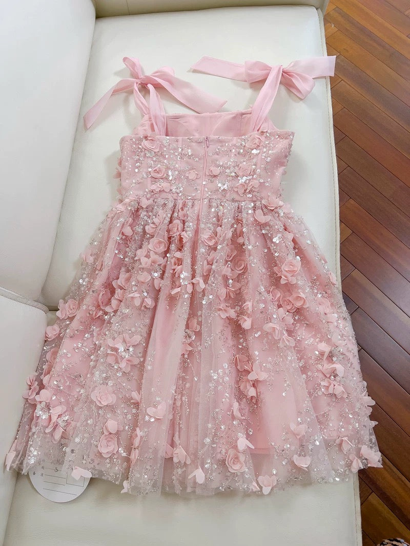Fairytale A line Spagetti Straps Pink Short Lace Flowers Homecoming Dress Birthday Dresses