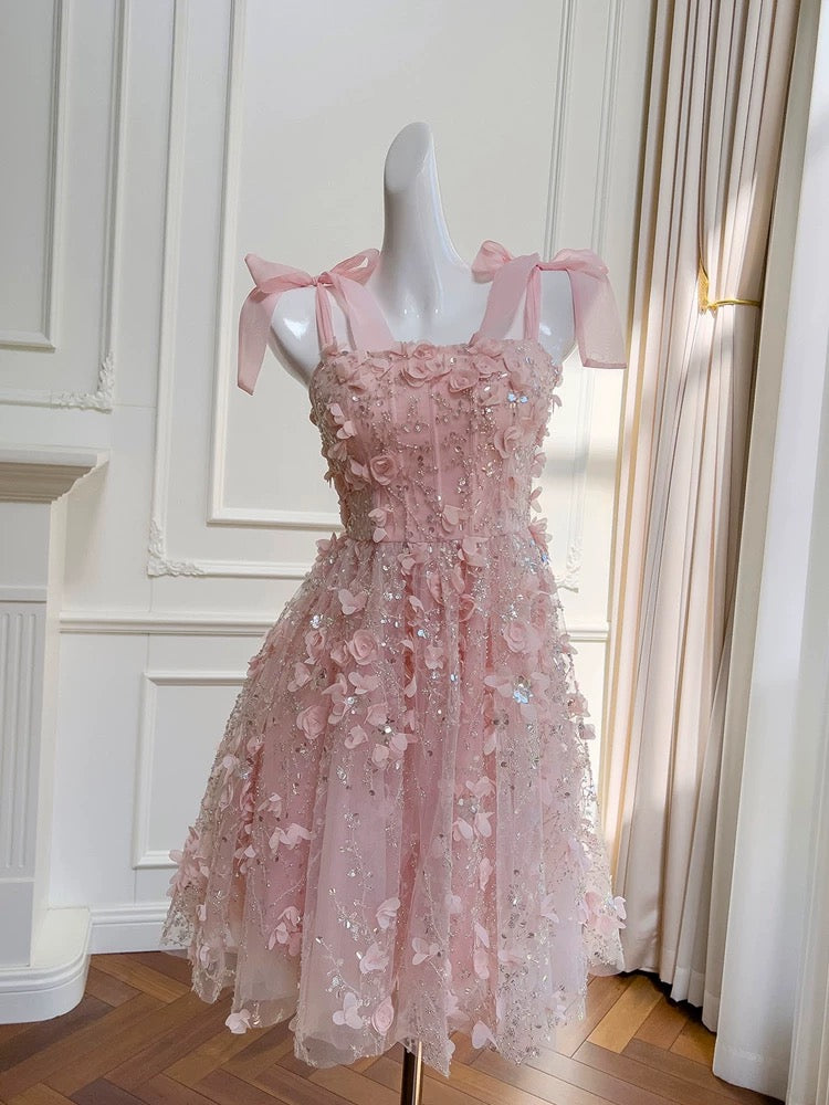 Fairytale A line Spagetti Straps Pink Short Lace Flowers Homecoming Dress Birthday Dresses