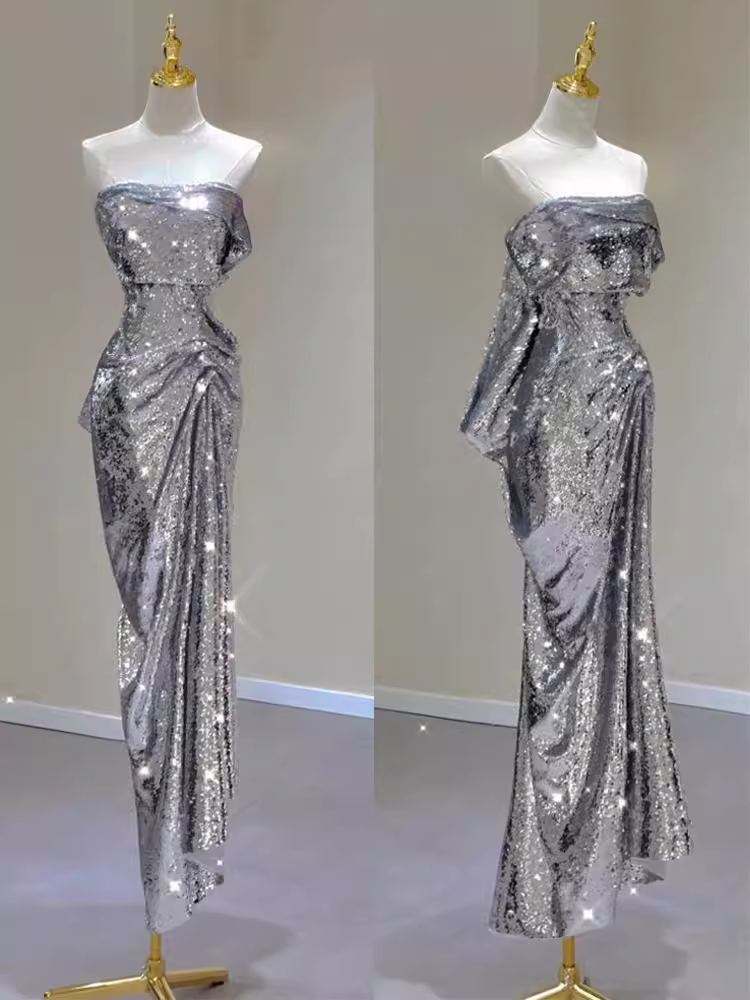 Sexy Mermaid Strapless Silver Sequin Long Prom Dress