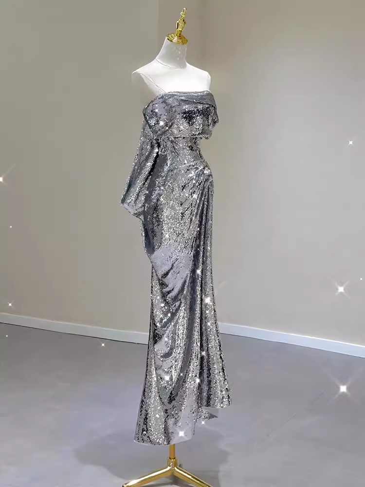 Sexy Mermaid Strapless Silver Sequin Long Prom Dress