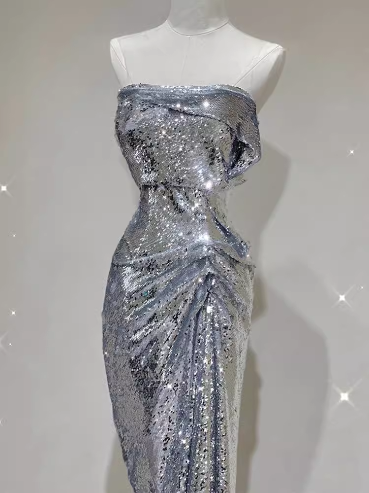 Sexy Mermaid Strapless Silver Sequin Long Prom Dress