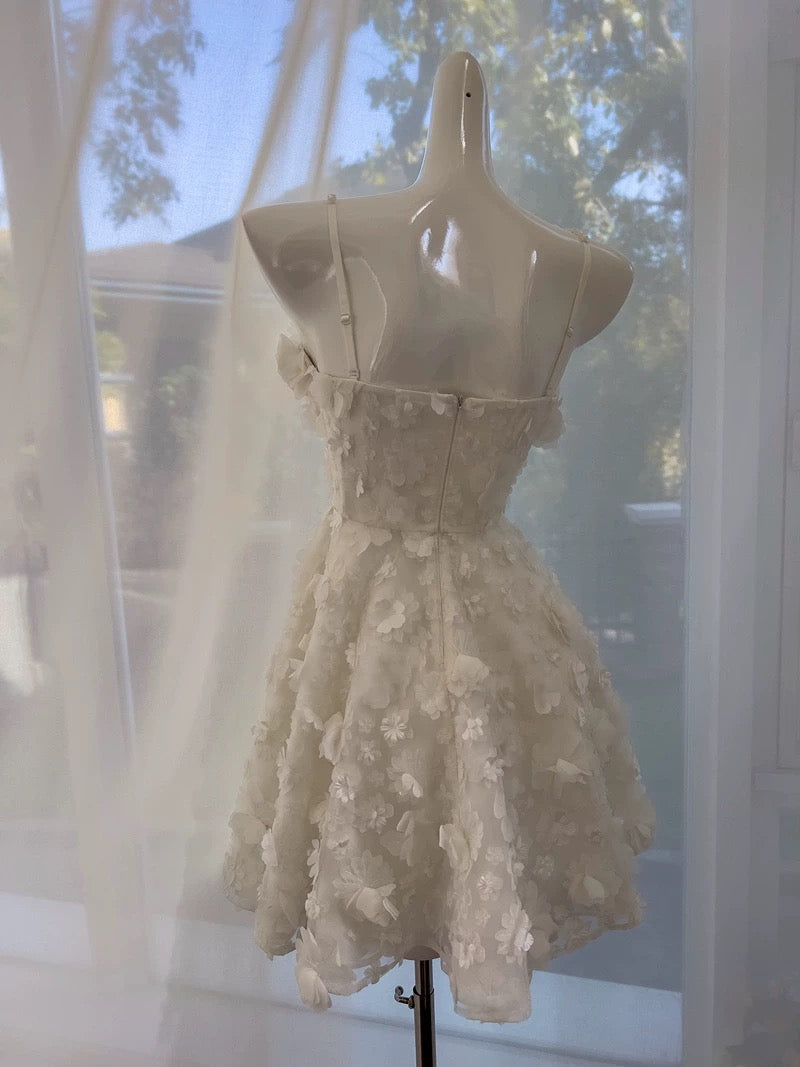Cute A line Spaghetti Straps White Short Homecoming Dress Birthday Dresses With Flowers