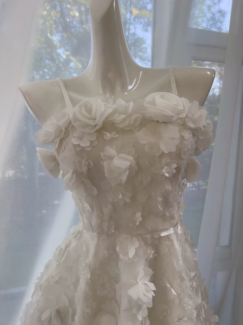 Cute A line Spaghetti Straps White Short Homecoming Dress Birthday Dresses With Flowers