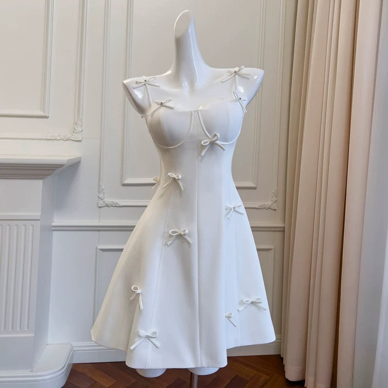 Cute A line Spaghetti Straps White Short Homecoming Dress Birthday Dresses With Bow