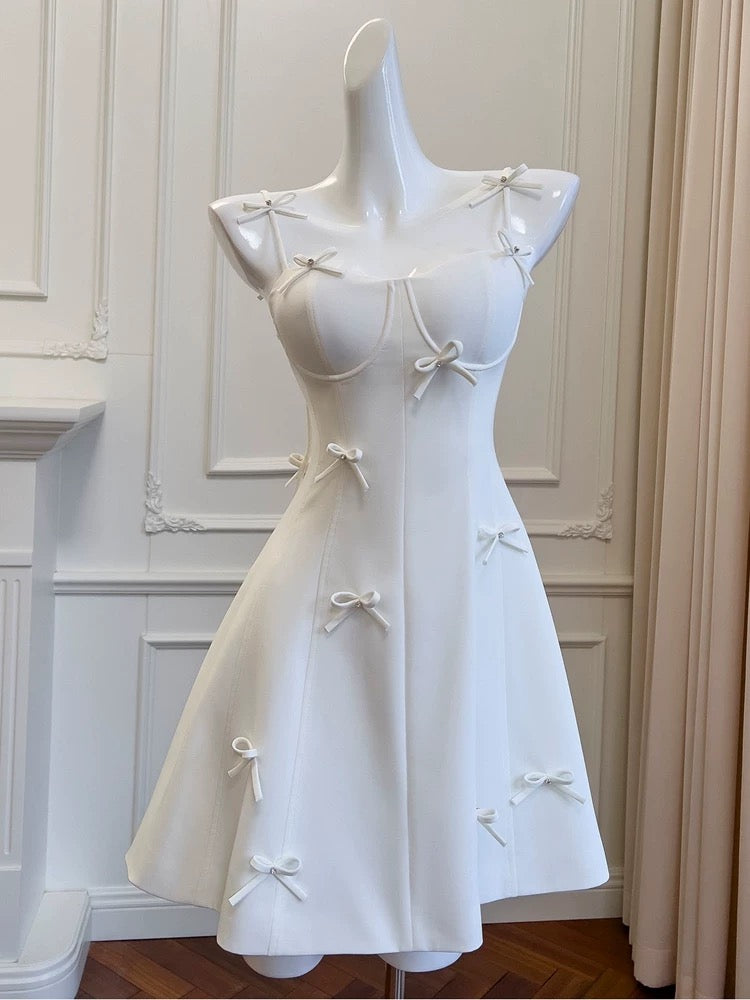 Cute A line Spaghetti Straps White Short Homecoming Dress Birthday Dresses With Bow