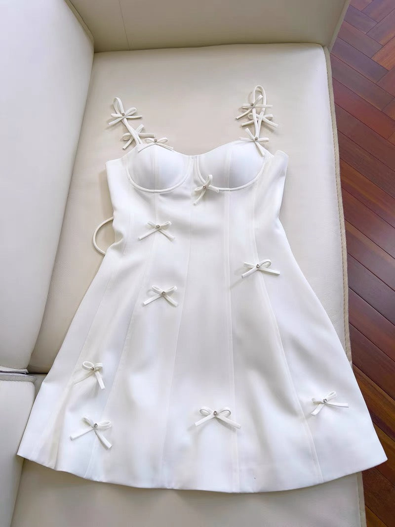 Cute A line Spaghetti Straps White Short Homecoming Dress Birthday Dresses With Bow