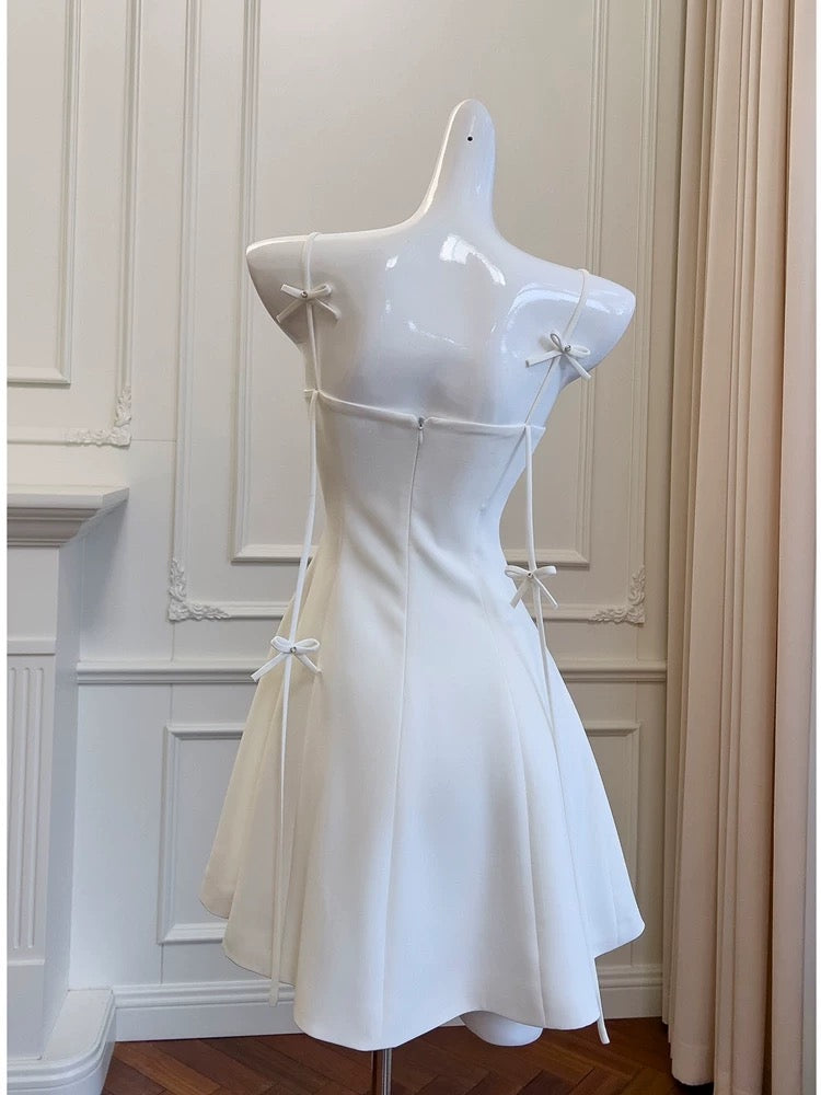 Cute A line Spaghetti Straps White Short Homecoming Dress Birthday Dresses With Bow