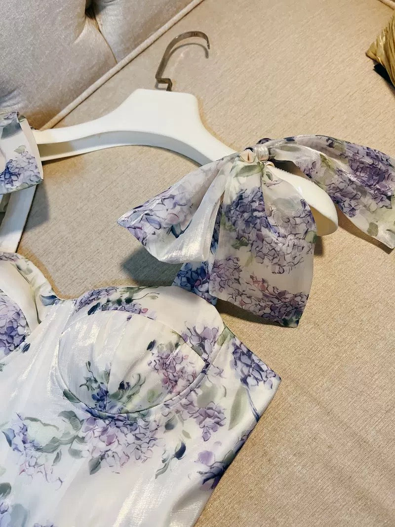 Sexy A Line Straps Sleeveless Floral Lilac Long Prom Dresses