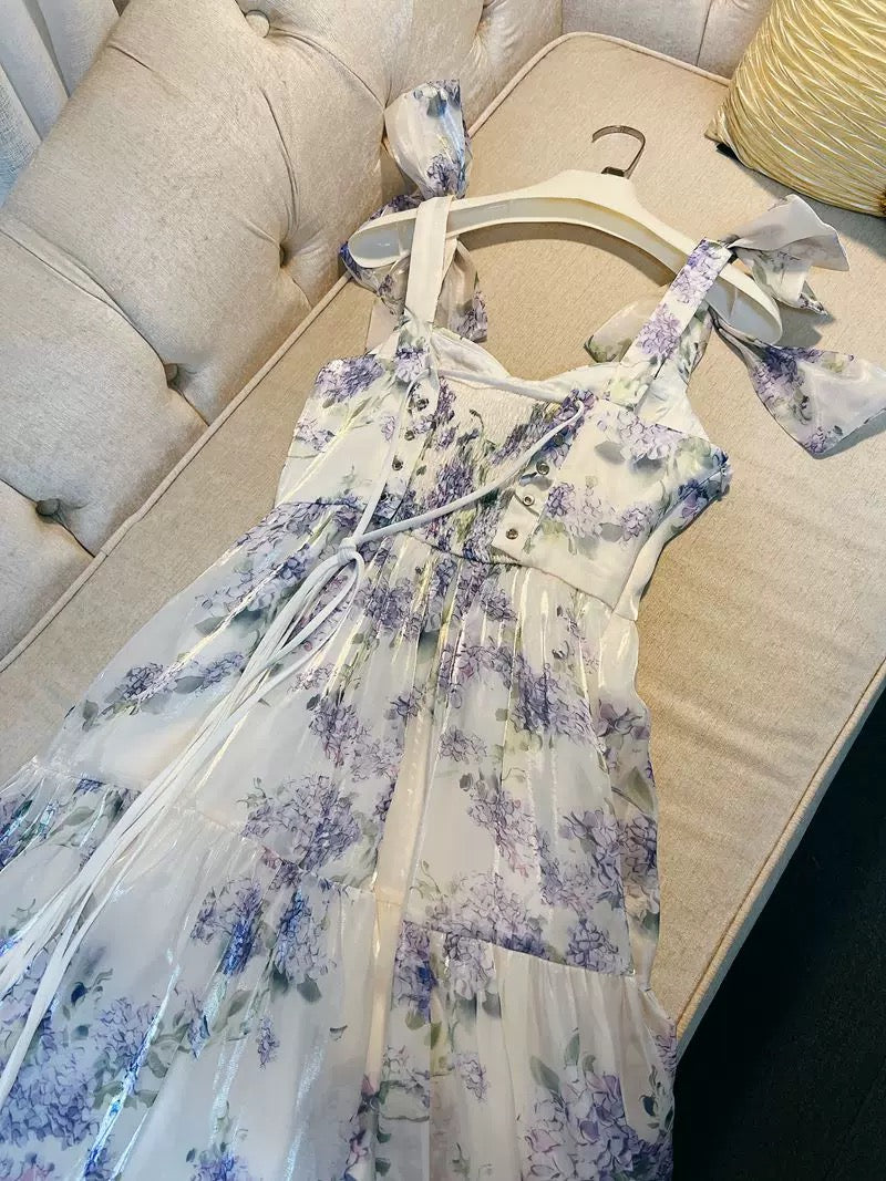 Sexy A Line Straps Sleeveless Floral Lilac Long Prom Dresses