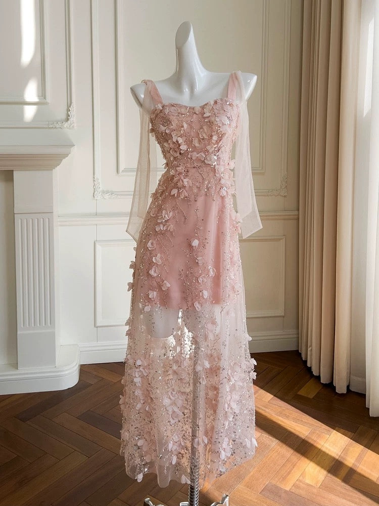 Cute A Line Straps Sleeveless Blush Pink Tulle Sequin Long Prom Dresses