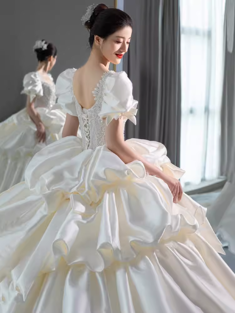 Unique Ball Gown Puffy Sleeves Lace Satin Wedding Dress