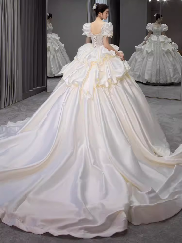 Unique Ball Gown Puffy Sleeves Lace Satin Wedding Dress
