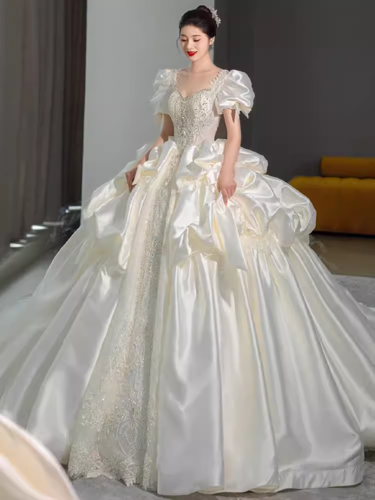 Unique Ball Gown Puffy Sleeves Lace Satin Wedding Dress