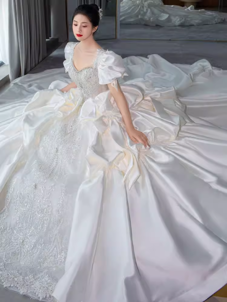 Unique Ball Gown Puffy Sleeves Lace Satin Wedding Dress