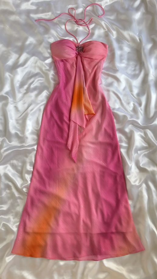 Elegant A line Halter Chiffon Ombre Pink Prom Dresses Evening Dress With Beads