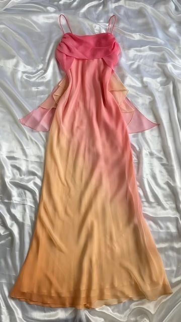 Elegant A line Straps Chiffon Ombre Pink Prom Dresses Evening Dress With Ribbons