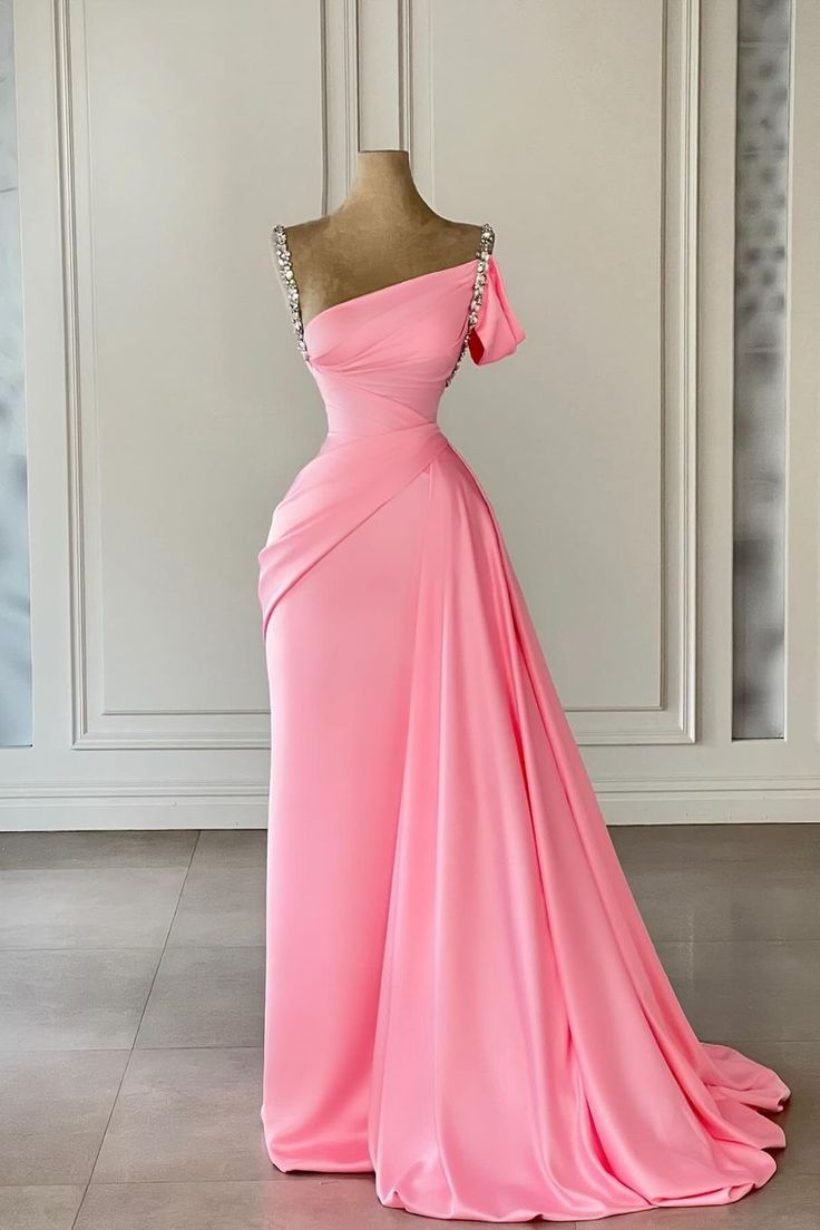 Pink Straps Off-the-Shoulder Sleeveless Mermaid Prom Dress With Ruffles Beads