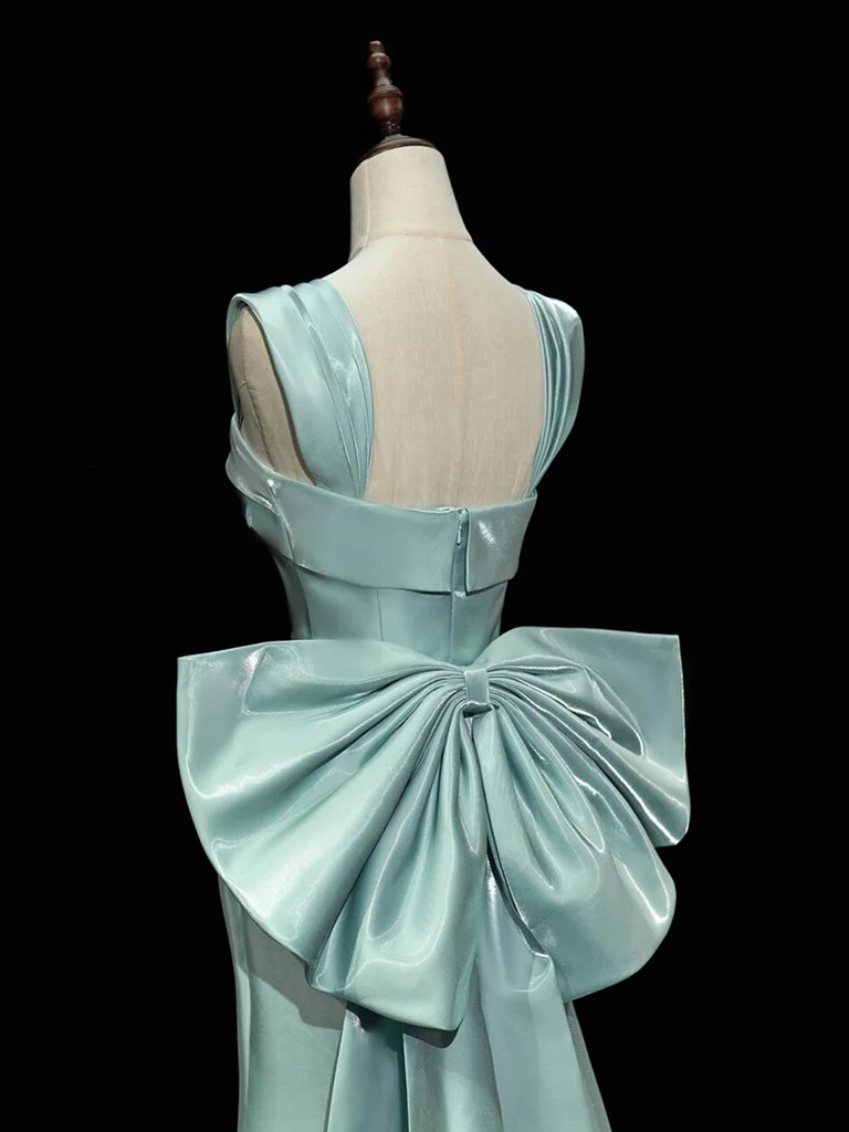 Simple Satin Green Long Prom Dress Green Formal Dress with Bow Tie