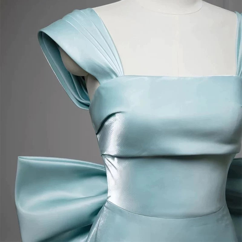 Simple Satin Green Long Prom Dress Formal Dress With Bowknot