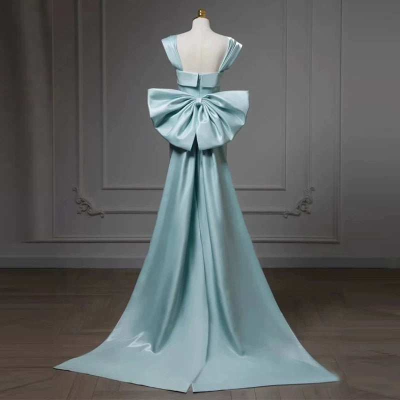 Simple Satin Green Long Prom Dress Formal Dress With Bowknot