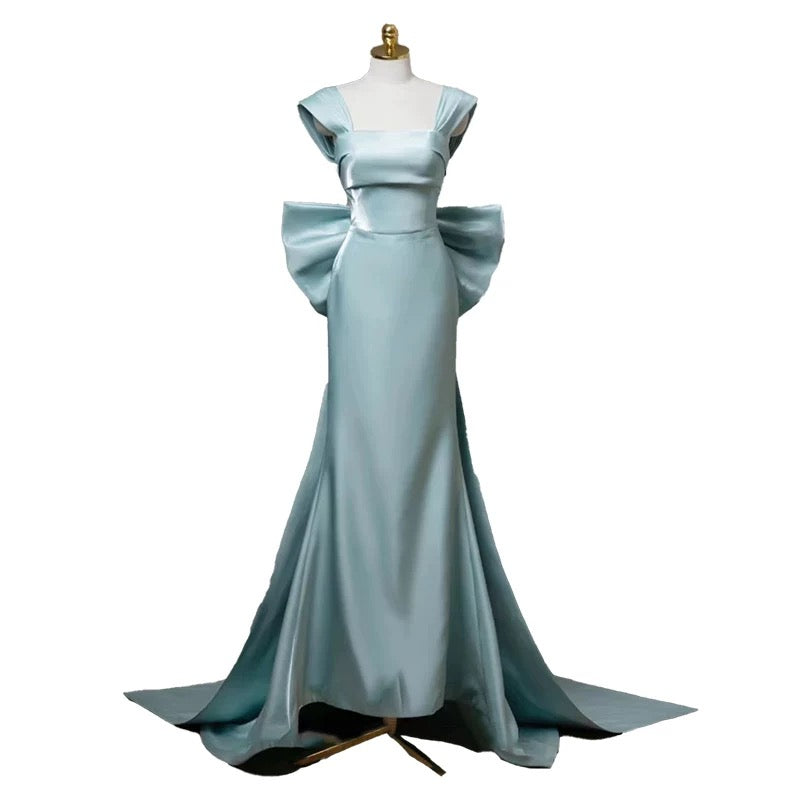 Simple Satin Green Long Prom Dress Formal Dress With Bowknot