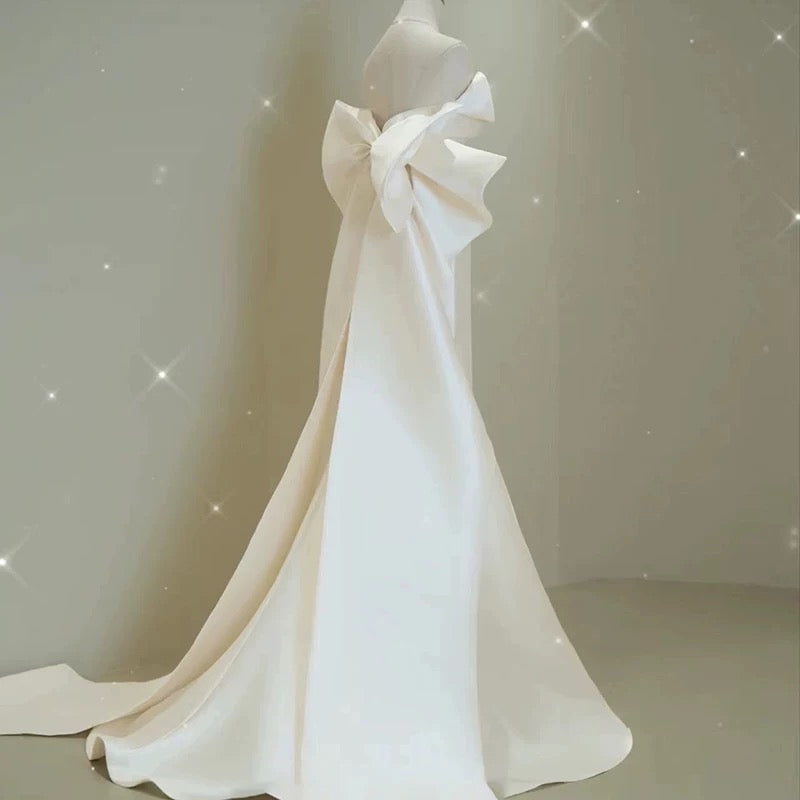 Sexy Mermaid Sweethart Sleeveless Satin Long White Wedding Dresses With Bow