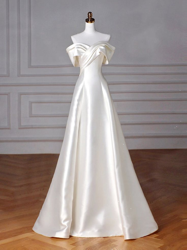 Timeless A-Line Off Shoulder Satin Wedding Dresses With Ruffles