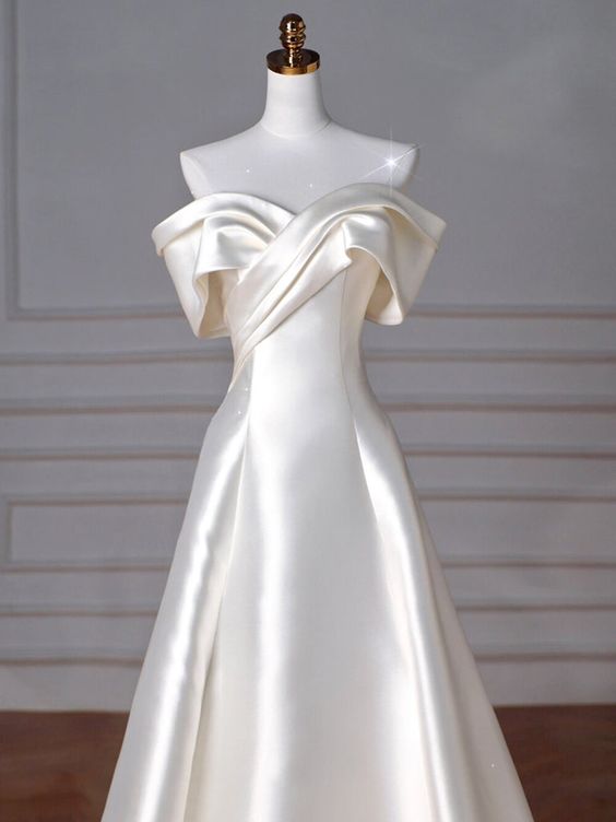 Timeless A-Line Off Shoulder Satin Wedding Dresses With Ruffles