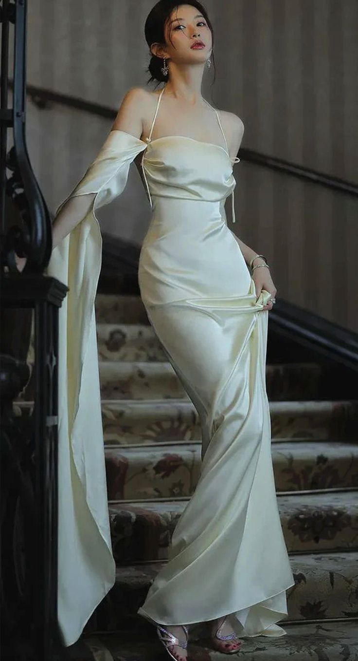Elegant Ivory Satin Long Simple Evening Dress Prom Dresses