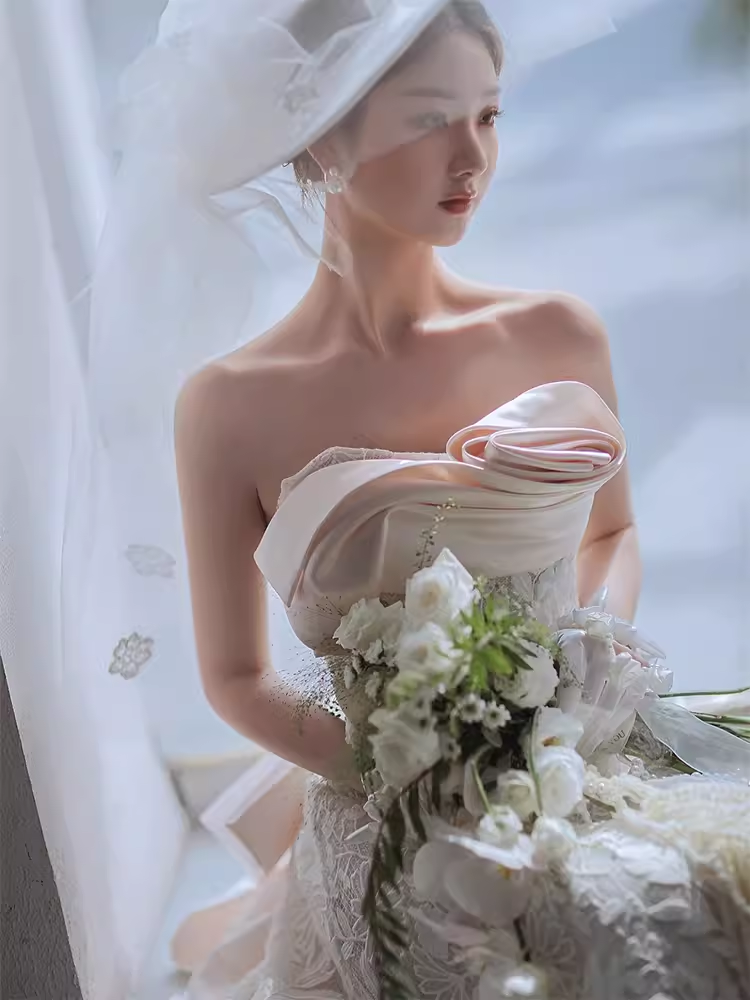 Unique A line Strapless Satin Long Wedding Dress With Bowknot