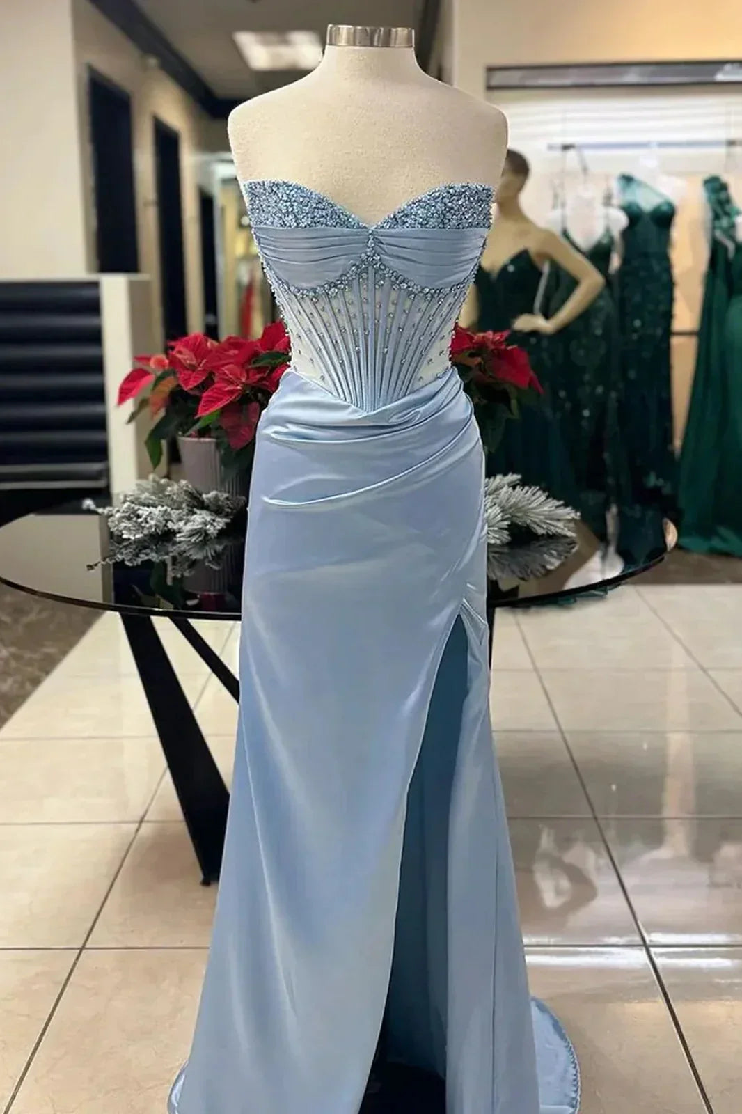 Elegant Sheath Sweetheart Sequin Satin Slit Prom Dresses Evening Dress