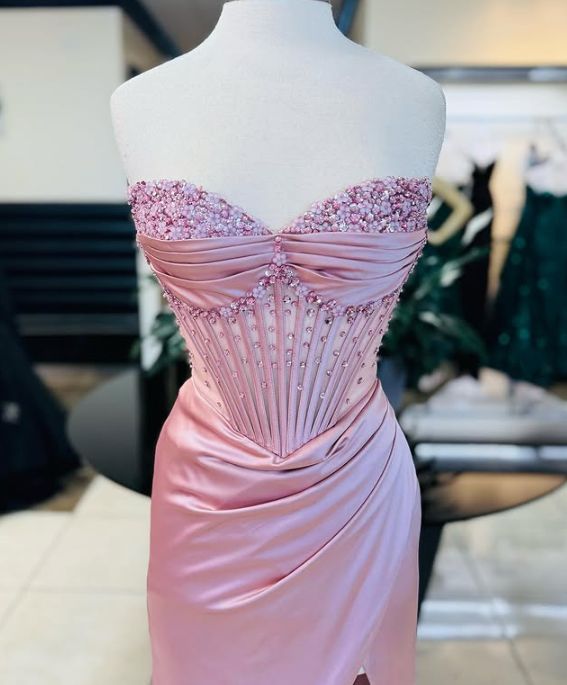 Elegant Sheath Sweetheart Sequin Satin Slit Prom Dresses Evening Dress