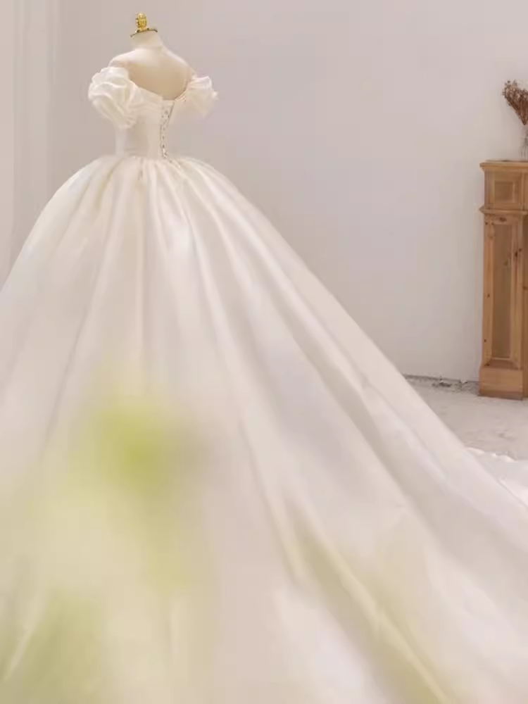 Unique Ball Gown Off The Shoulder Satin Long Wedding Dresses