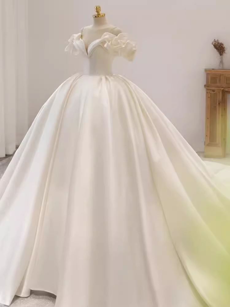 Unique Ball Gown Off The Shoulder Satin Long Wedding Dresses
