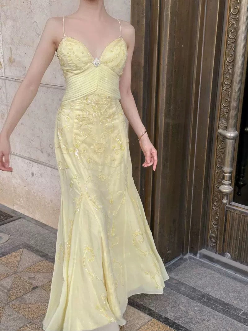 Elegant Mermaid Spaghetti Straps Yellow Chiffon Long Prom Dresses Evening Dress With Beads