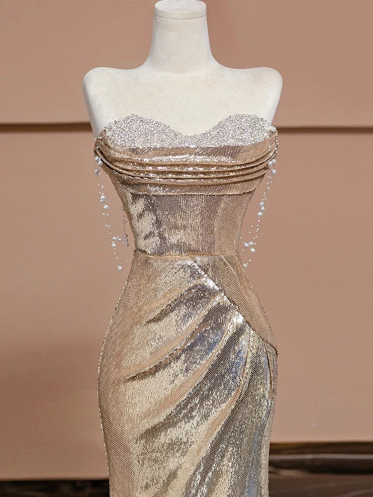 Elegant Mermaid Sweetheart Champagne Sequin Long Prom Dresses Evening Dress With Beads
