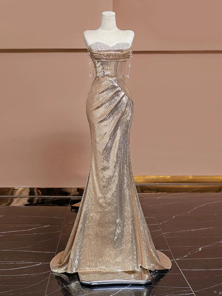 Elegant Mermaid Sweetheart Champagne Sequin Long Prom Dresses Evening Dress With Beads