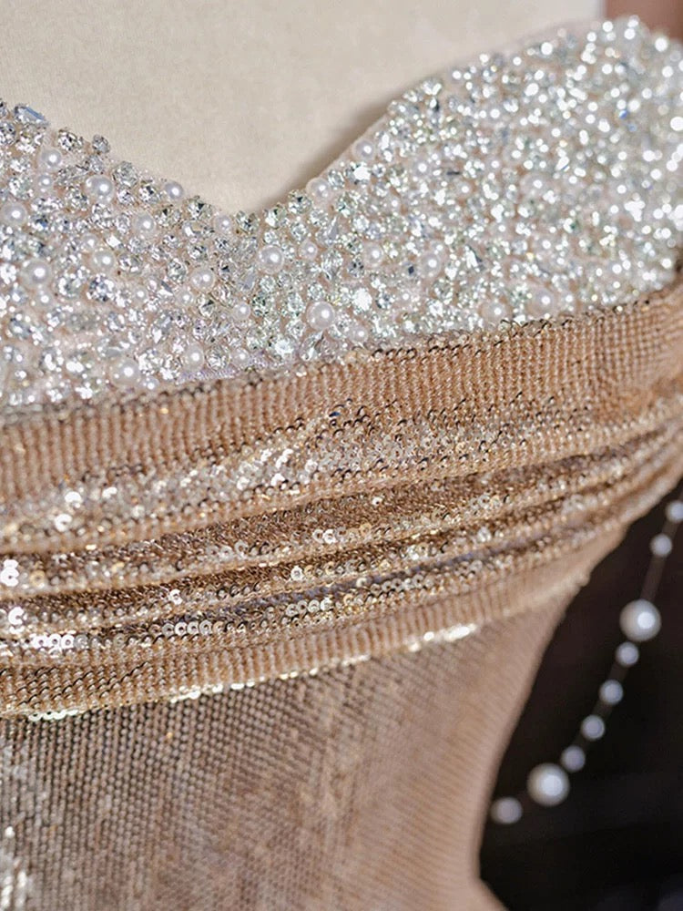 Elegant Mermaid Sweetheart Champagne Sequin Long Prom Dresses Evening Dress With Beads