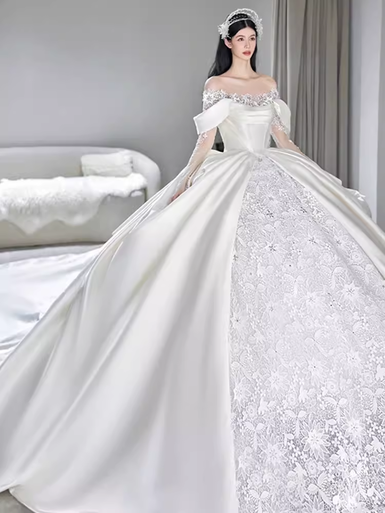 Unique Ball Gown Off The Shoulder Lace Long Wedding Dresses