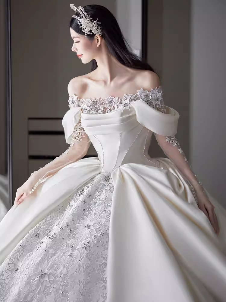 Unique Ball Gown Off The Shoulder Lace Long Wedding Dresses