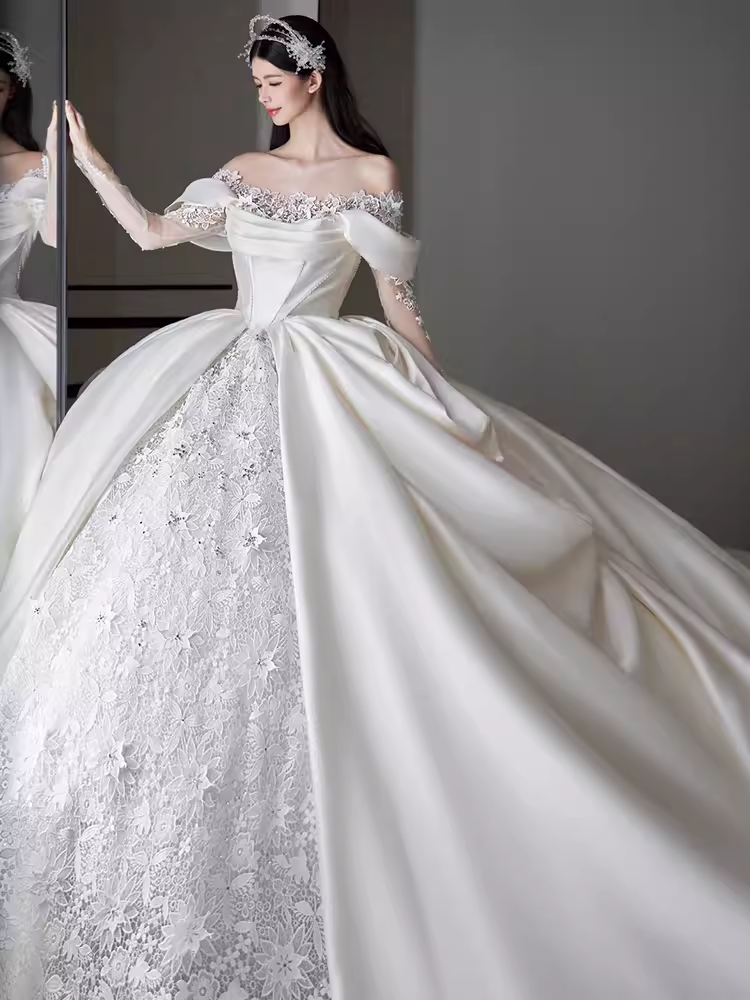Unique Ball Gown Off The Shoulder Lace Long Wedding Dresses