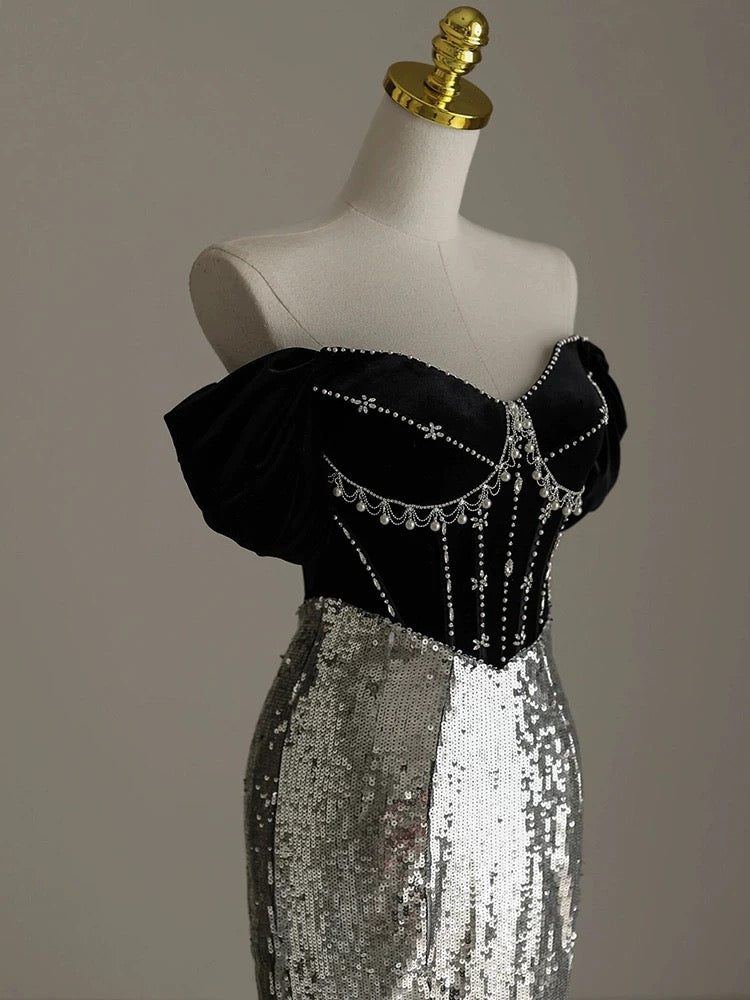 Elegant Mermaid Off The Shoulder Sequin Beadings Long Prom Dresses Evening Dress