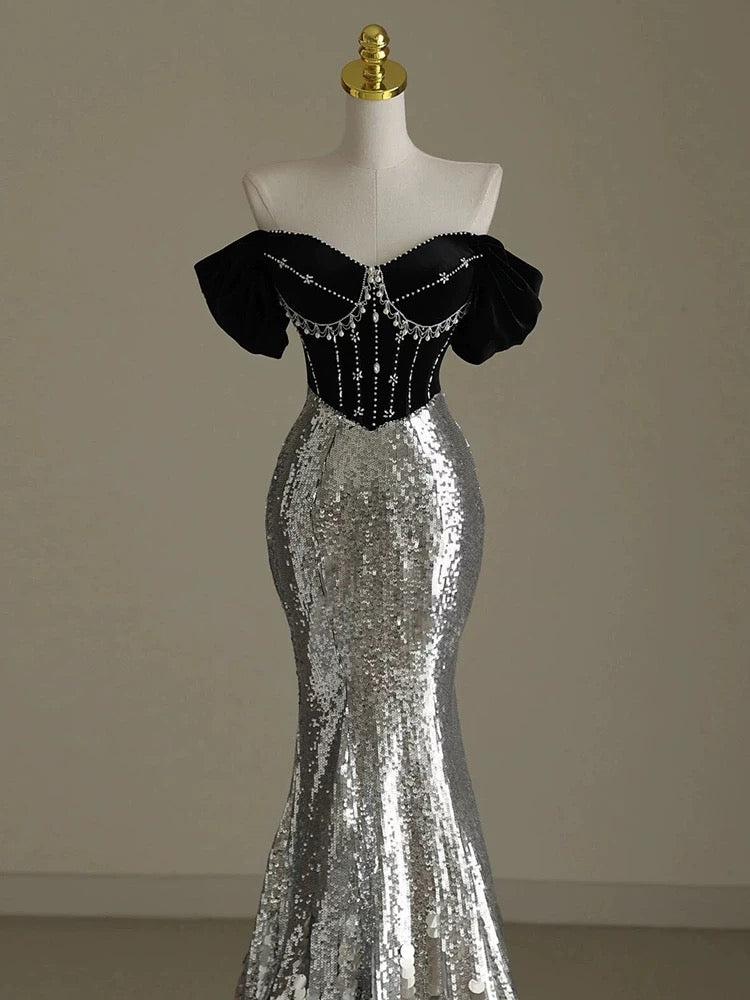 Elegant Mermaid Off The Shoulder Sequin Beadings Long Prom Dresses Evening Dress