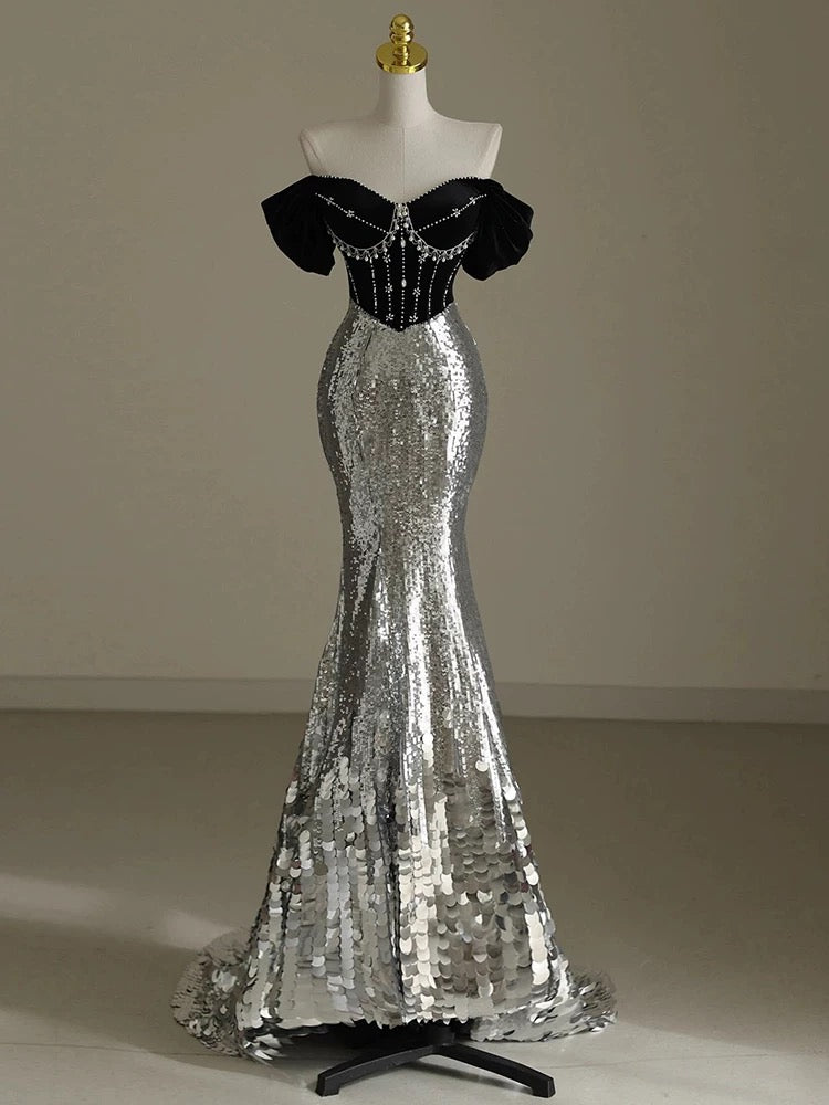 Elegant Mermaid Off The Shoulder Sequin Beadings Long Prom Dresses Evening Dress