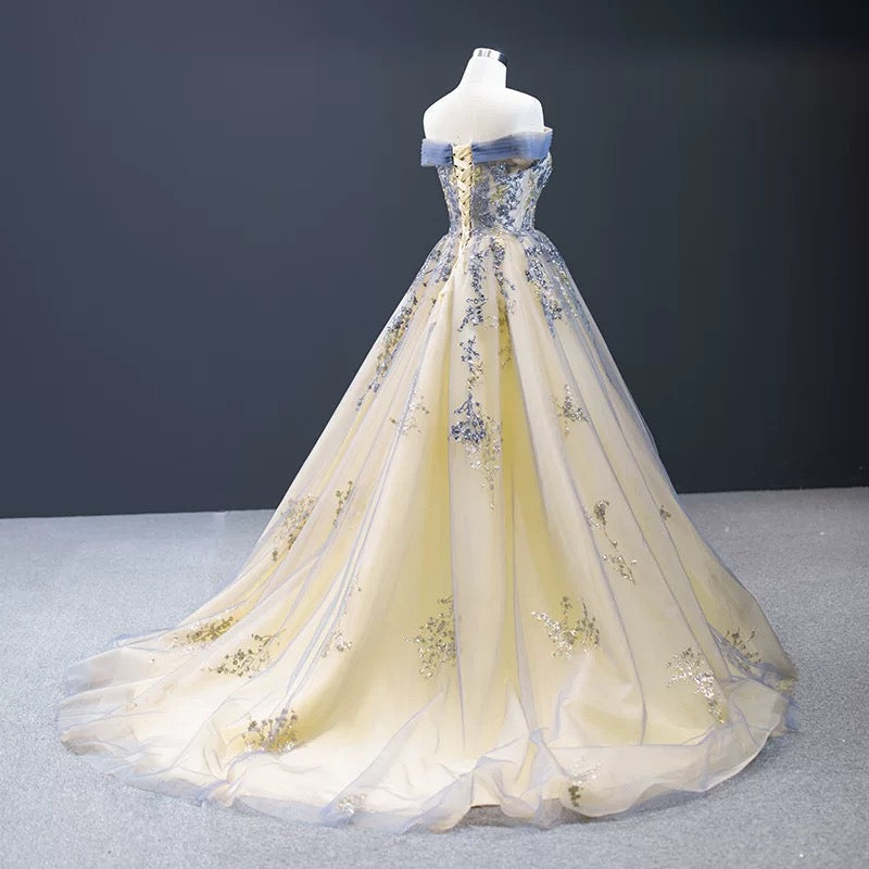 Modest Ball Gown Off The Shoulder Long Blue Sweet 15 Dress Prom Dresses