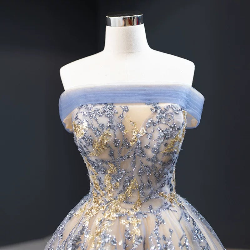 Modest Ball Gown Off The Shoulder Long Blue Sweet 15 Dress Prom Dresses