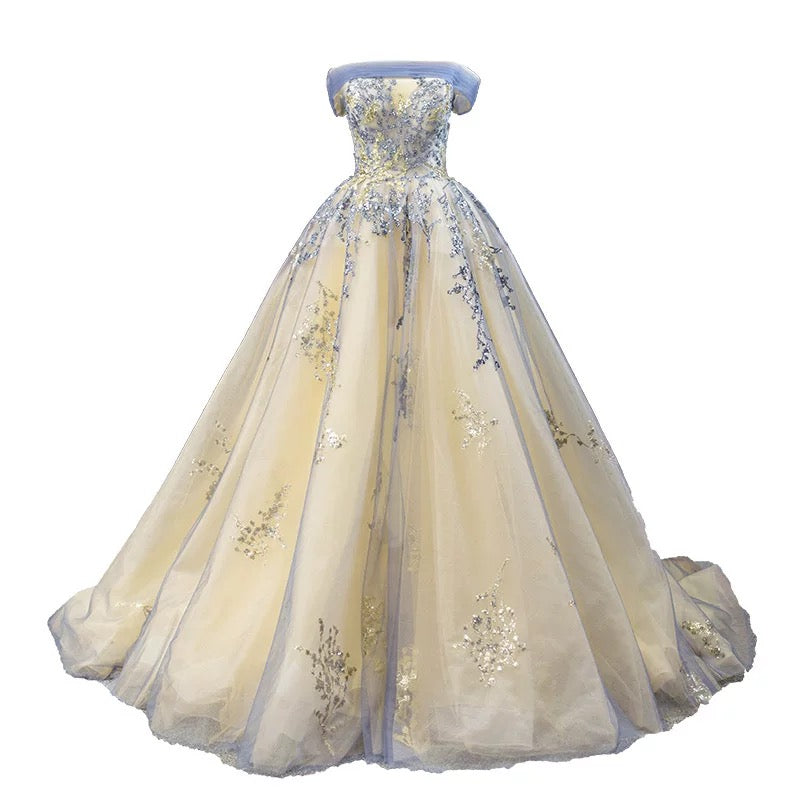 Modest Ball Gown Off The Shoulder Long Blue Sweet 15 Dress Prom Dresses