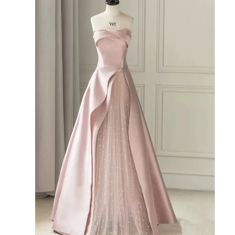 Modest A line Strapless Long Light Pink Prom Dresses Evening Party Dress